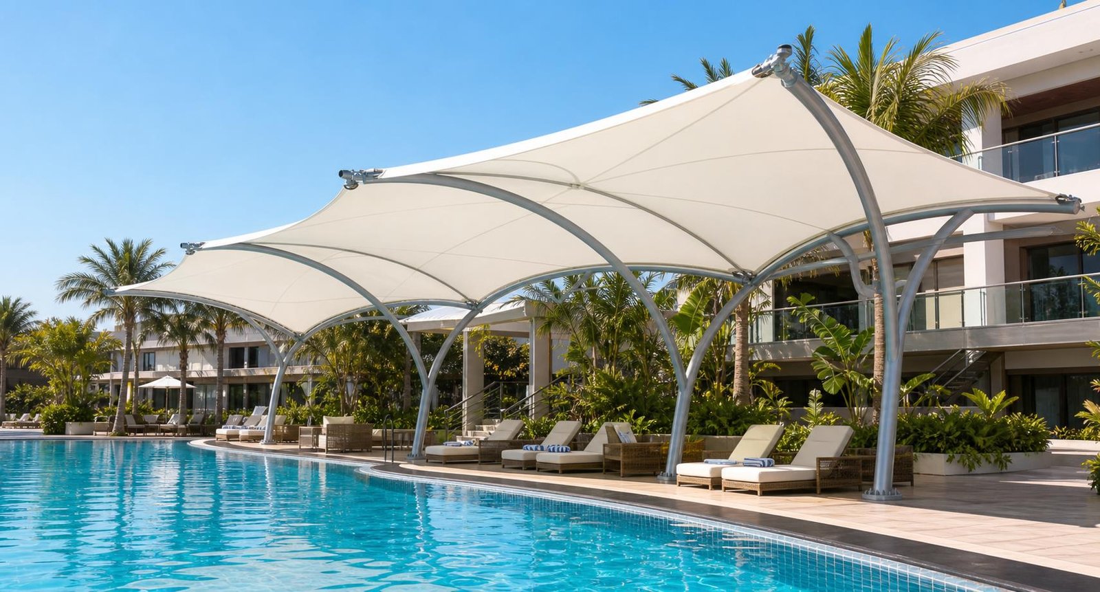 Swimming pool tensile structure design and shade coverage